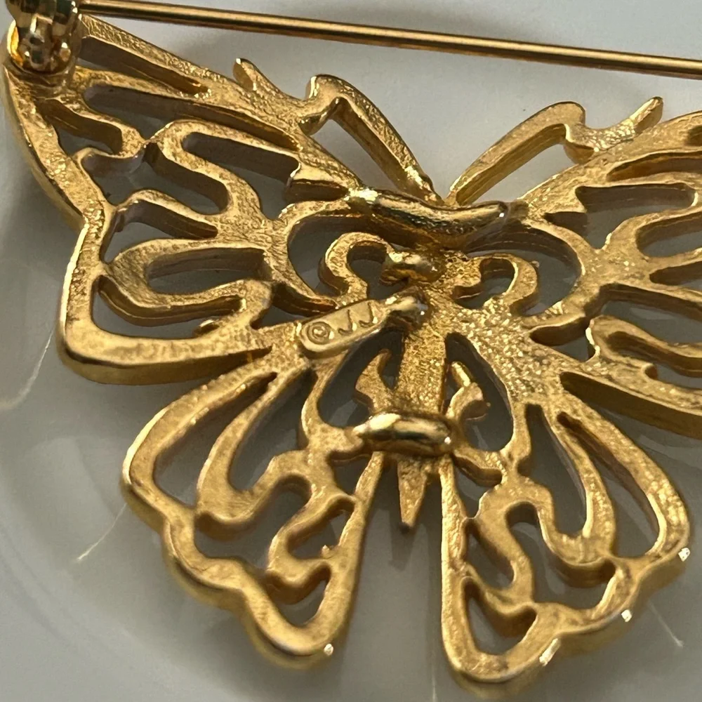 Vintage Butterfly Brooch Gold Tone With White Enamel